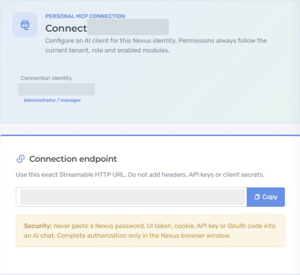 Nexus personal MCP setup with identity, endpoint and security guidance; account names and connection URL hidden.