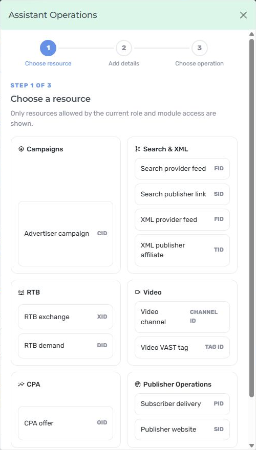Nexus Assistant Operations resource picker with campaign, Search, XML, RTB, Video, CPA and publisher categories; no operation executed.