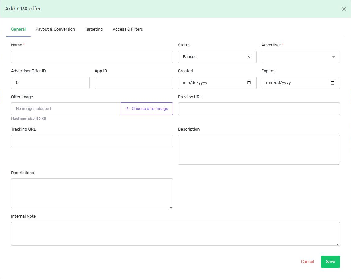 Nexus CPA offer General tab with status, advertiser selector, offer and app references, dates, creative, URLs, description and restrictions.