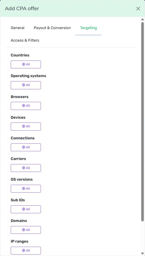 Nexus new CPA offer editor showing country, device, connection, sub-ID, domain and IP controls in the Targeting tab.