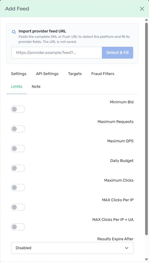 Nexus XML feed Limits tab showing bid, requests, QPS, budget, click limits and result expiry.