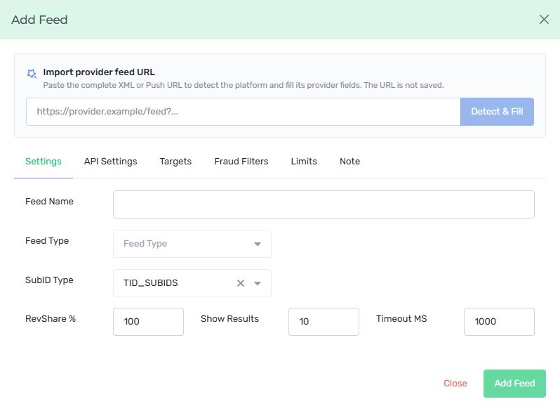 Nexus XML feed Settings with provider URL import, feed type, SubID handling, revenue share, result count and timeout.