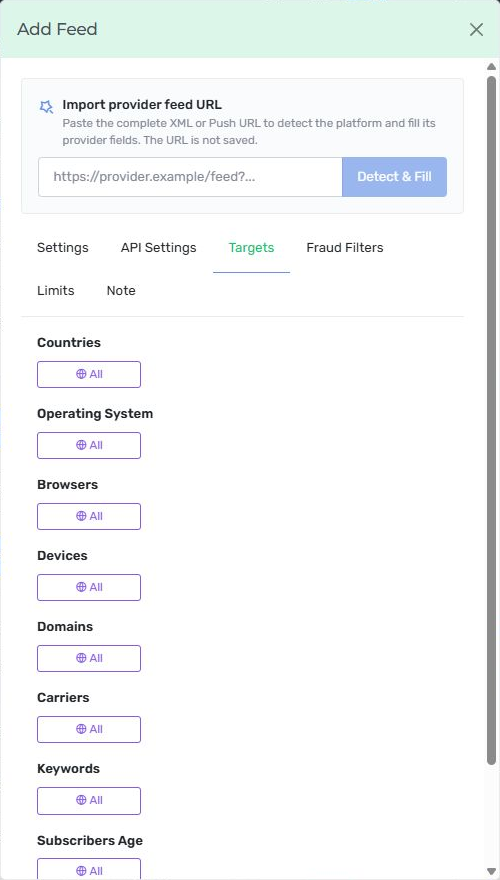 Nexus XML feed Targets tab with geographic, device, domain, carrier, keyword and subscriber-age controls.