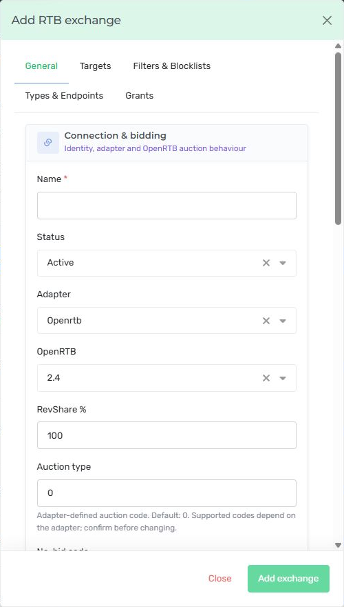 Nexus RTB exchange General tab with adapter, OpenRTB version, revenue-share and auction-type fields.
