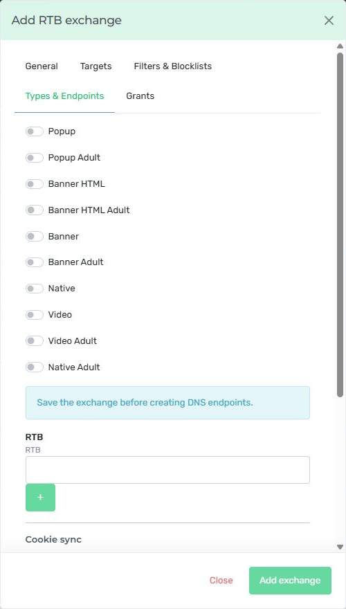Nexus RTB exchange editor showing inventory-type switches and the endpoint configuration area.