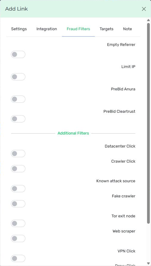 Nexus Search link Fraud Filters tab showing referrer, IP, pre-bid integration and network-risk controls.