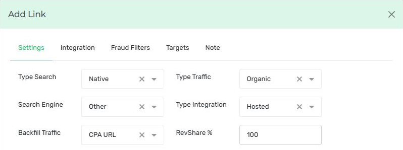Nexus Search link Settings showing link and traffic type, engine, integration, backfill and revenue share.