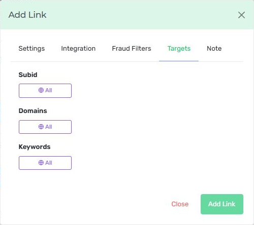 Nexus Search link editor on the Targets tab with sub-ID, domain and keyword controls.