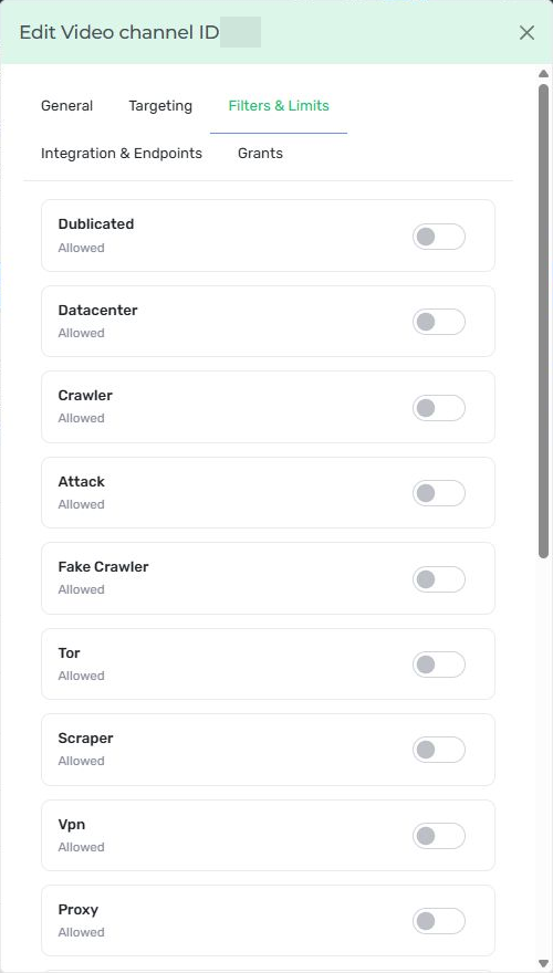 Nexus Video channel Filters and Limits tab showing traffic-quality categories; channel ID hidden.