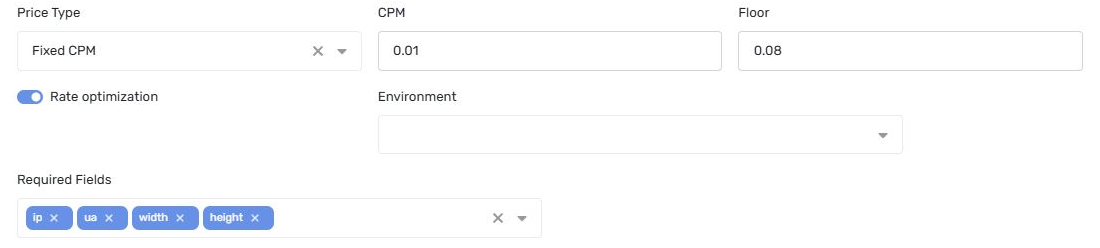 Nexus Video channel General settings with price type, CPM, floor, rate optimization, environment and required request fields.