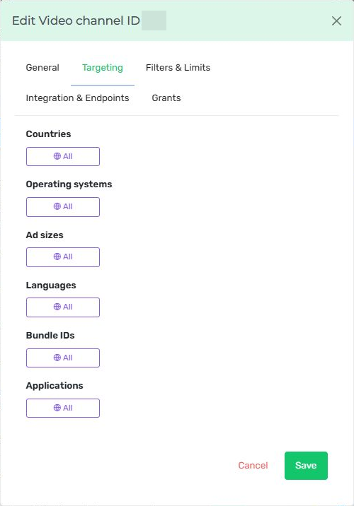 Nexus Video channel Targeting tab with country, operating-system, ad-size, language, bundle and application selectors; channel ID hidden.