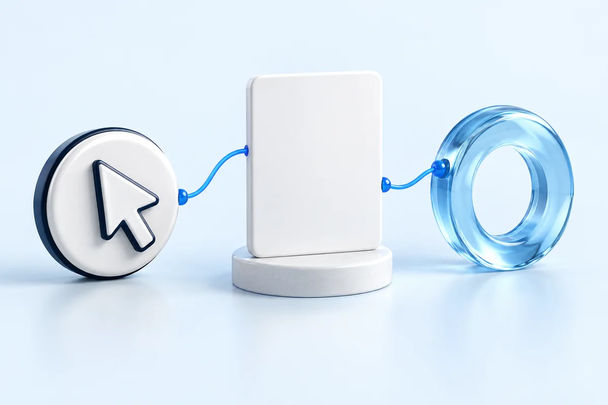 Concept illustration linking a click, an offer and a conversion outcome.