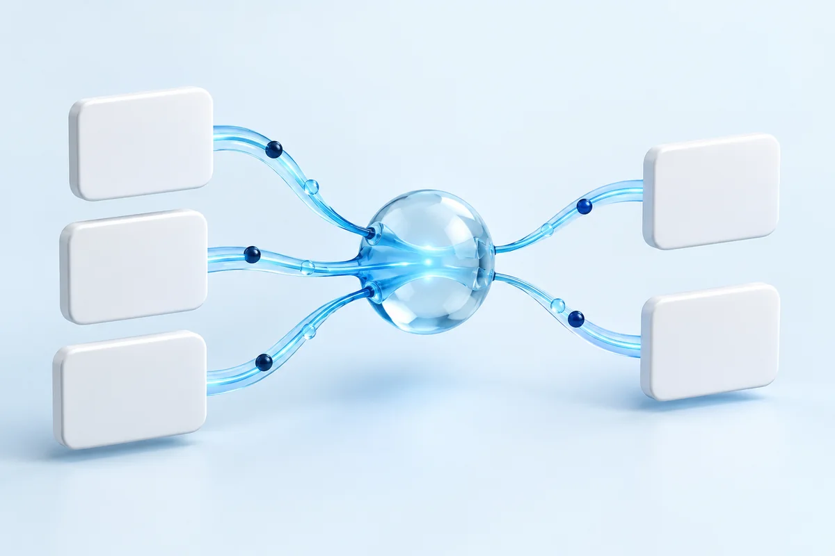 Concept illustration of publisher feeds routed through a central hub to demand partners.