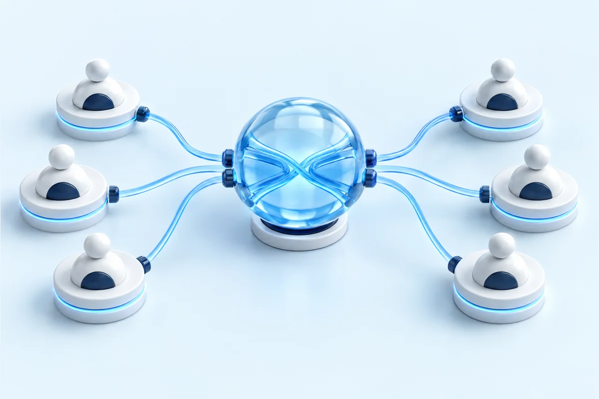 Concept illustration of supply and demand partners connected through an exchange hub.
