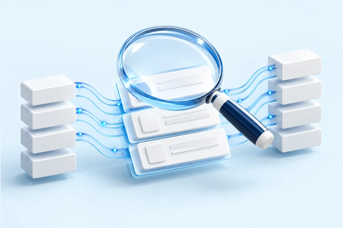 Concept illustration of search result cards linking publisher and provider connections.