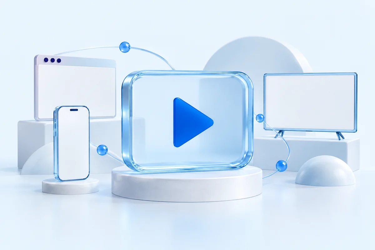 Concept illustration of video delivery across browser, mobile and television screens.